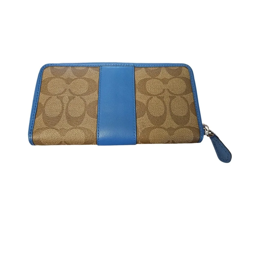 Coach Signature Canvas Varsity Stripe Accordion Zip Wallet‎ Khaki Blue F54630